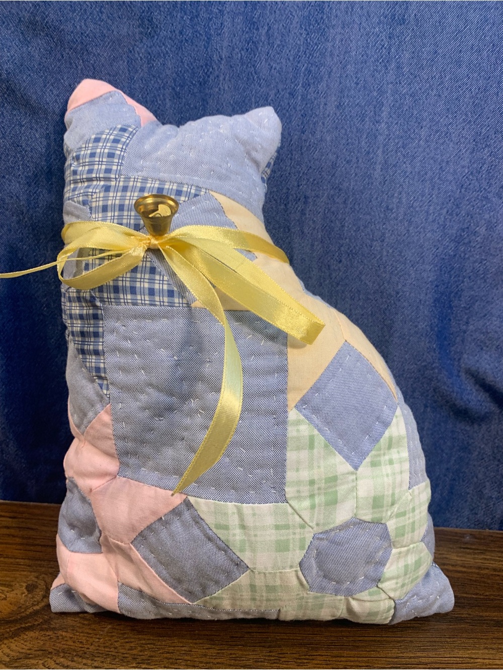 Vintage Handmade Quilted Cat Pillow Patchwork Calico Kitty Folk Art Decor